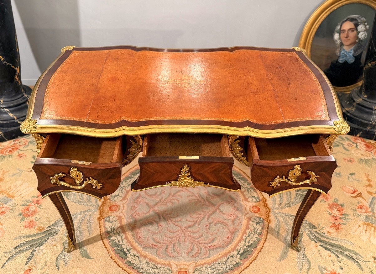 François Linke, Bureau Plat en Marqueterie Signé, de Style Louis XV, (1855 - 1946)-photo-6