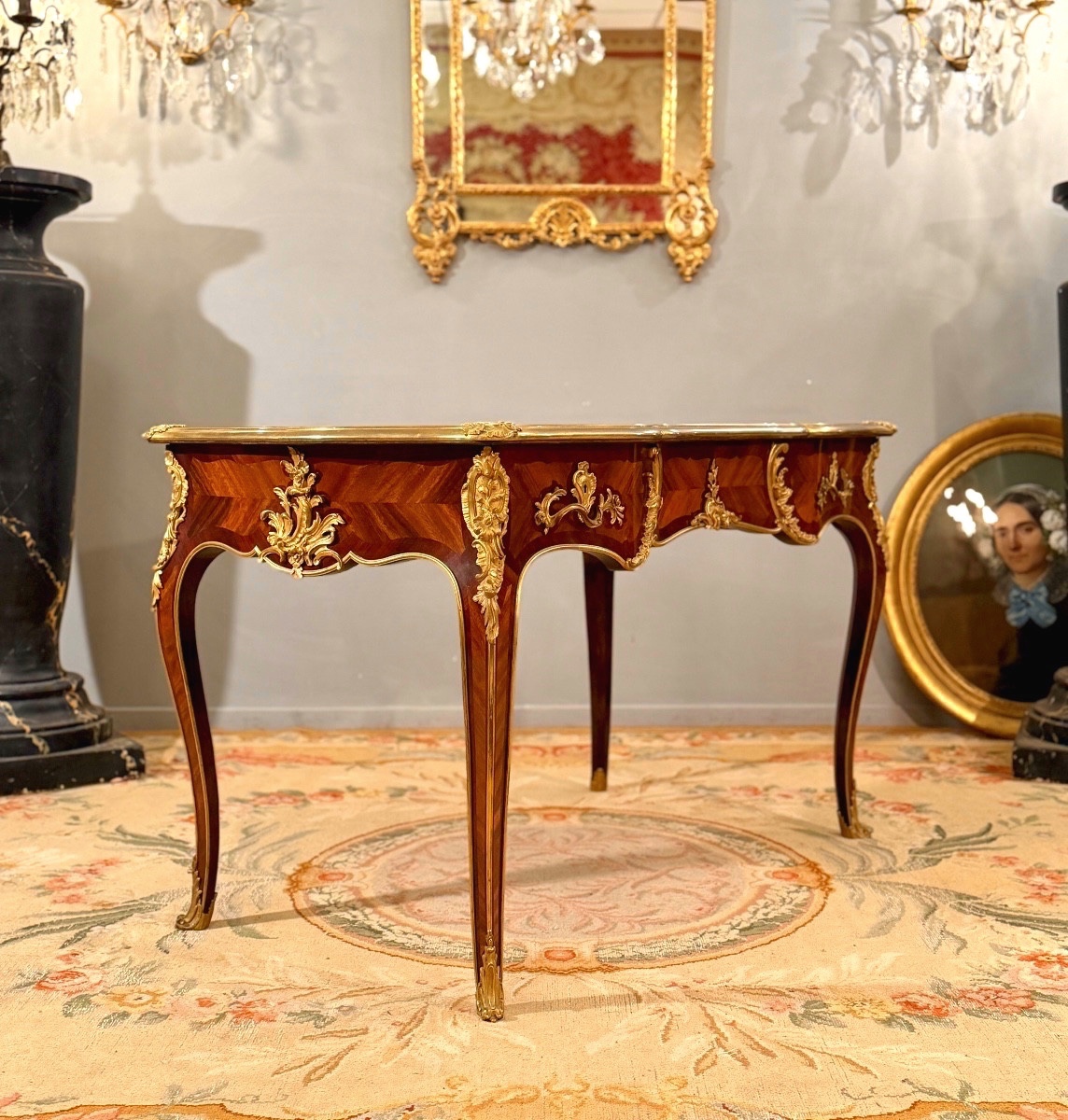 François Linke, Bureau Plat en Marqueterie Signé, de Style Louis XV, (1855 - 1946)