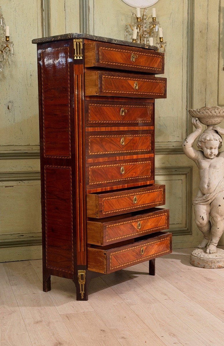 Chiffonnier Formant Secrétaire en Marqueterie d'Epoque Louis XVI, Vers 1780-photo-4