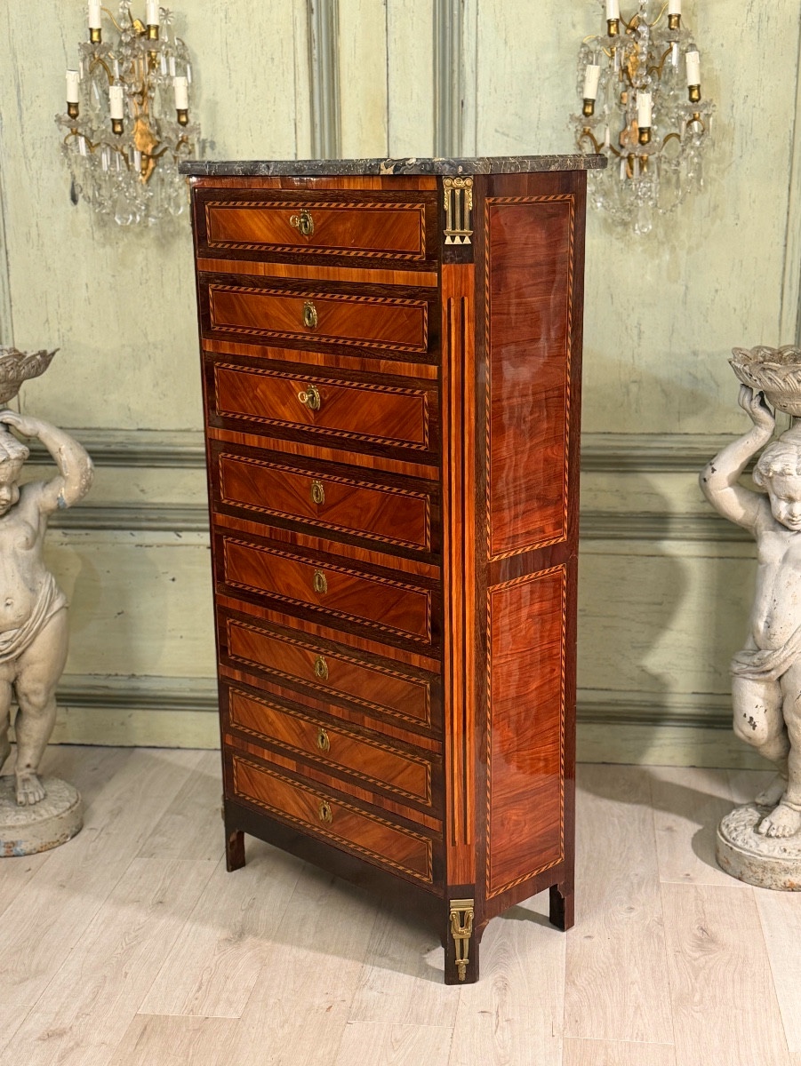 Chiffonnier Formant Secrétaire en Marqueterie d'Epoque Louis XVI, Vers 1780-photo-6