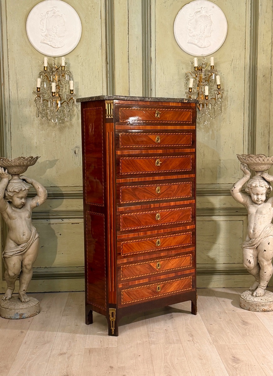 Chiffonnier Formant Secrétaire en Marqueterie d'Epoque Louis XVI, Vers 1780-photo-7