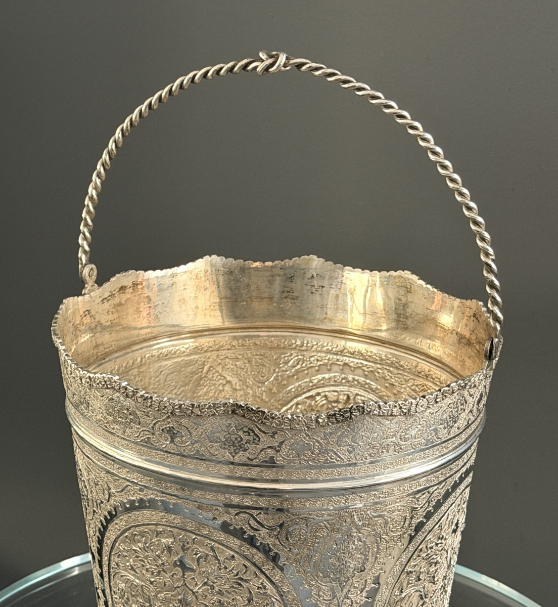 Iran, Persian Bucket, Solid Silver, Chiseled, Late 19th Century-photo-1