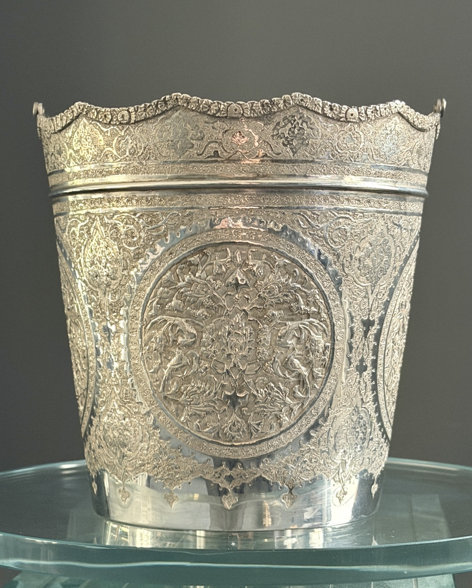 Iran, Persian Bucket, Solid Silver, Chiseled, Late 19th Century-photo-3