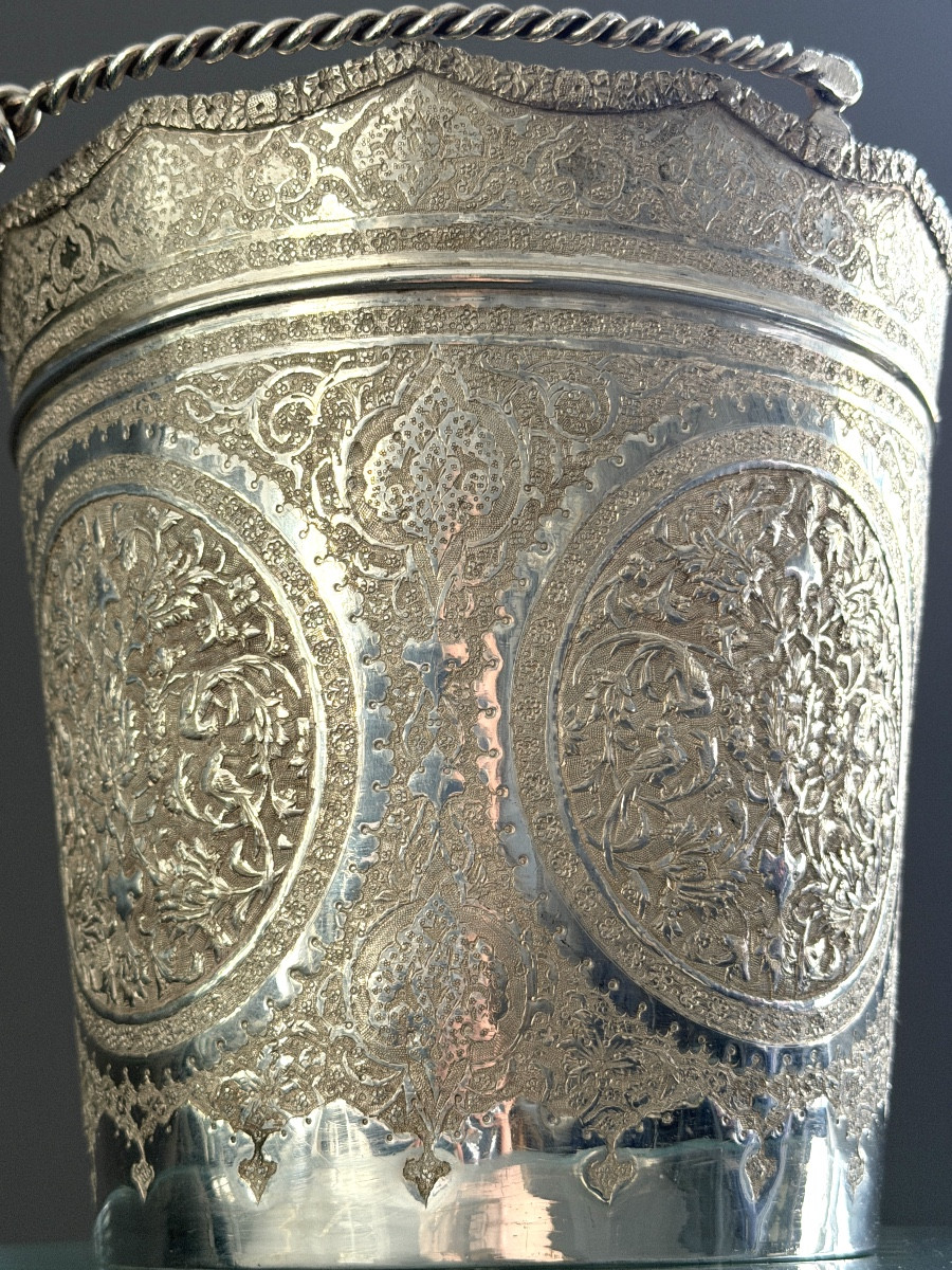 Iran, Persian Bucket, Solid Silver, Chiseled, Late 19th Century-photo-4