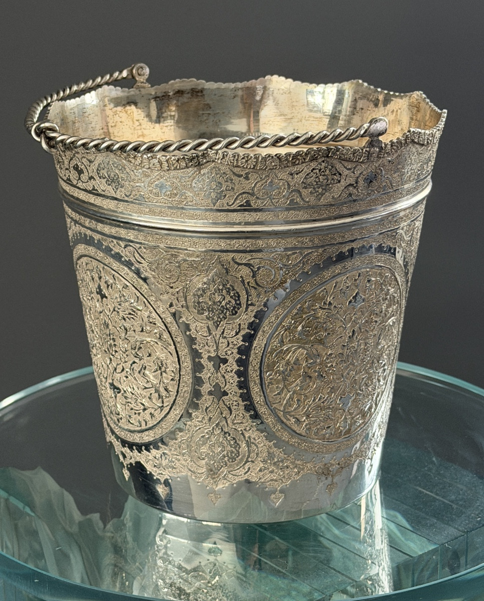 Iran, Persian Bucket, Solid Silver, Chiseled, Late 19th Century-photo-5