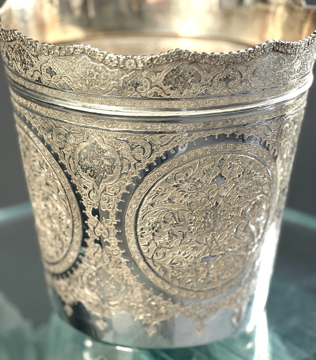 Iran, Persian Bucket, Solid Silver, Chiseled, Late 19th Century-photo-6