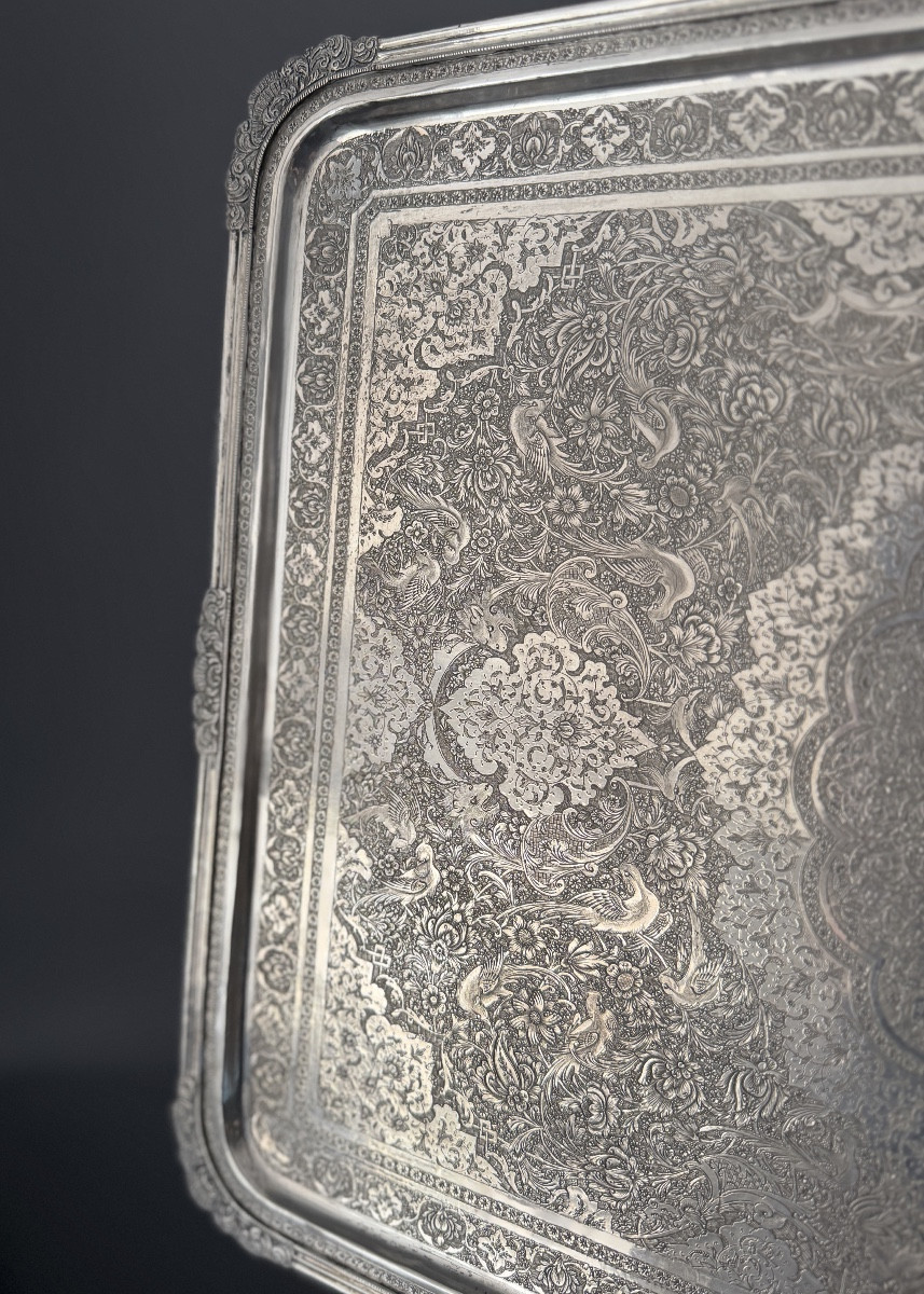 Iran, Plateau Persan Argent Massif Ciselé, Epoque Fin XIXème-photo-4