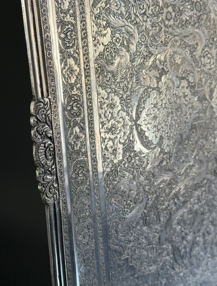 Iran, Plateau Persan Argent Massif Ciselé, Epoque Fin XIXème-photo-4