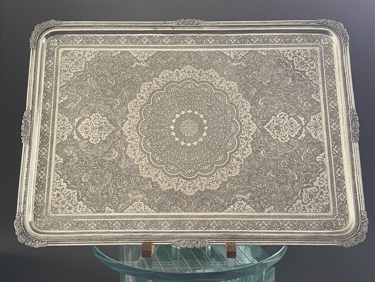 Iran, Plateau Persan Argent Massif Ciselé, Epoque Fin XIXème-photo-6