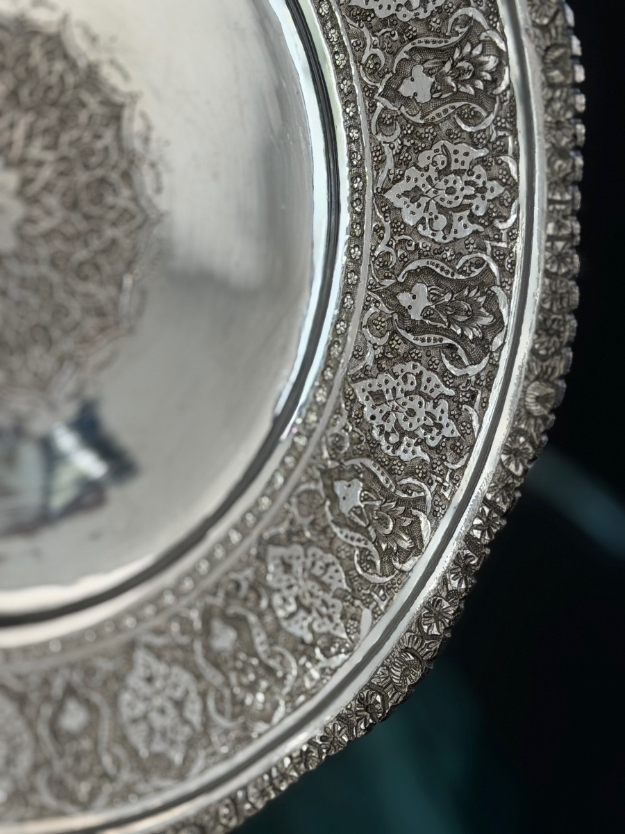 Iran, Plat Persan Argent Massif Ciselé, Epoque Fin XIXème-photo-4