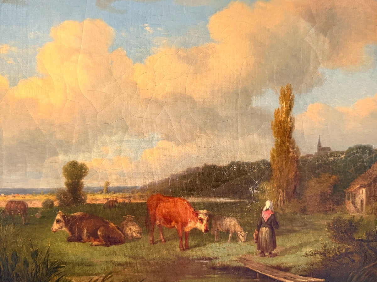 Attributed To Jean Louis Demarne, Oil On Canvas Animated Pastoral Landscape (1744 - 1829)-photo-2