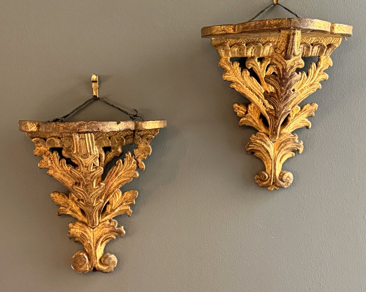 Pair Of Regency-style Gilded Wood Wall Brackets, 18th Century.