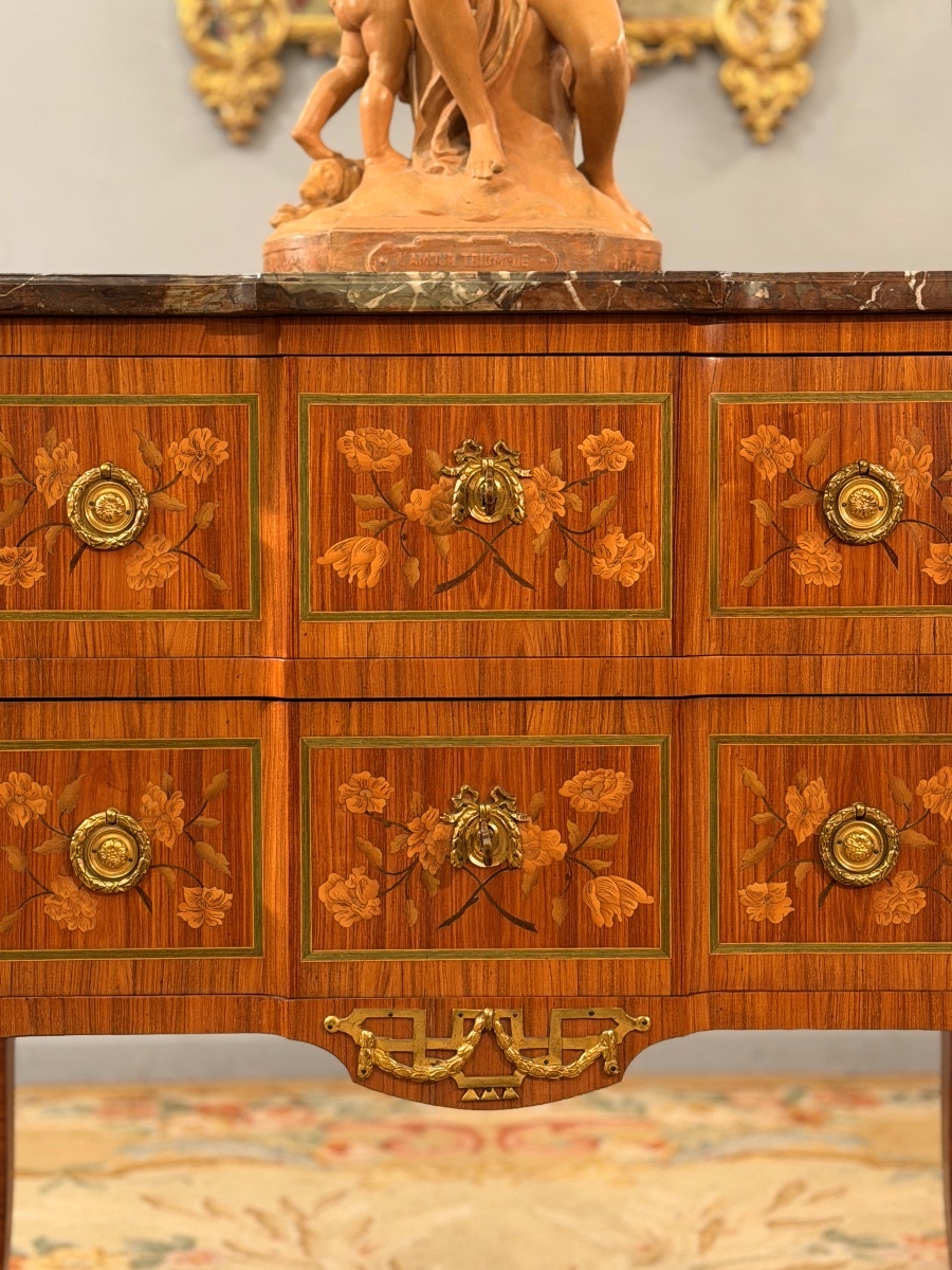 Transition Style Marquetry Chest Of Drawers, 19th Century-photo-3