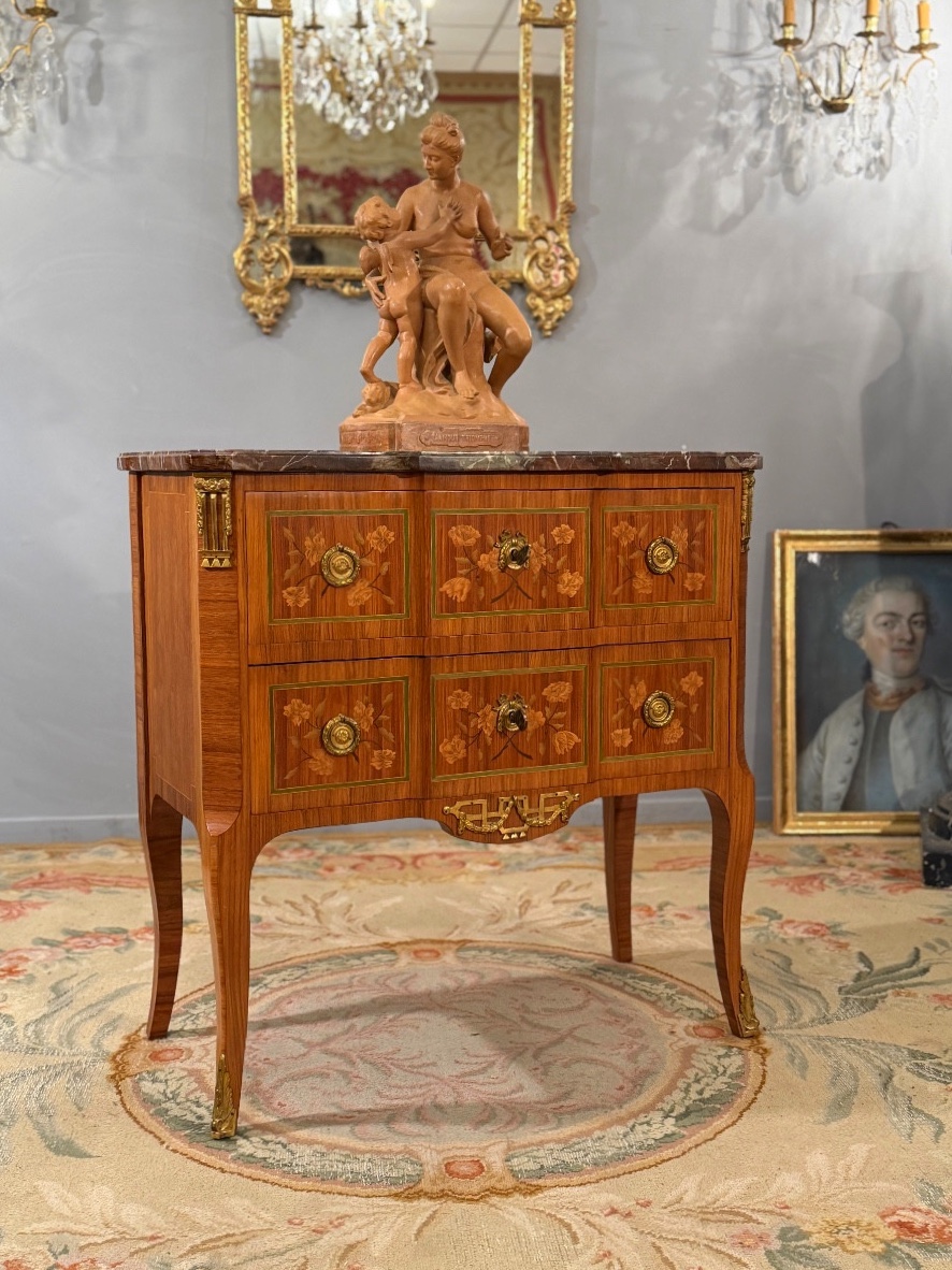 Transition Style Marquetry Chest Of Drawers, 19th Century-photo-4