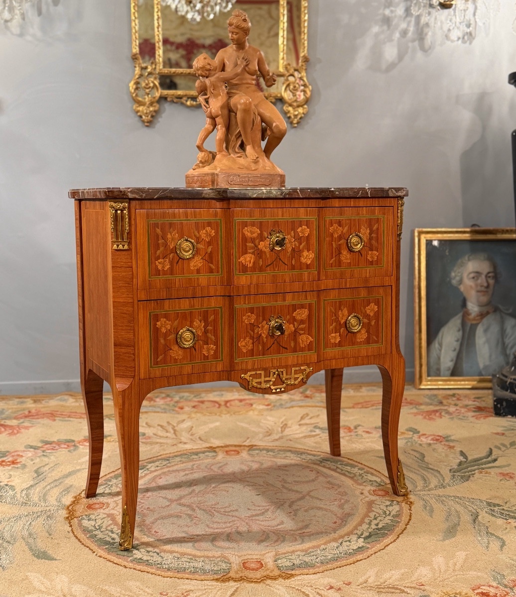Transition Style Marquetry Chest Of Drawers, 19th Century-photo-6