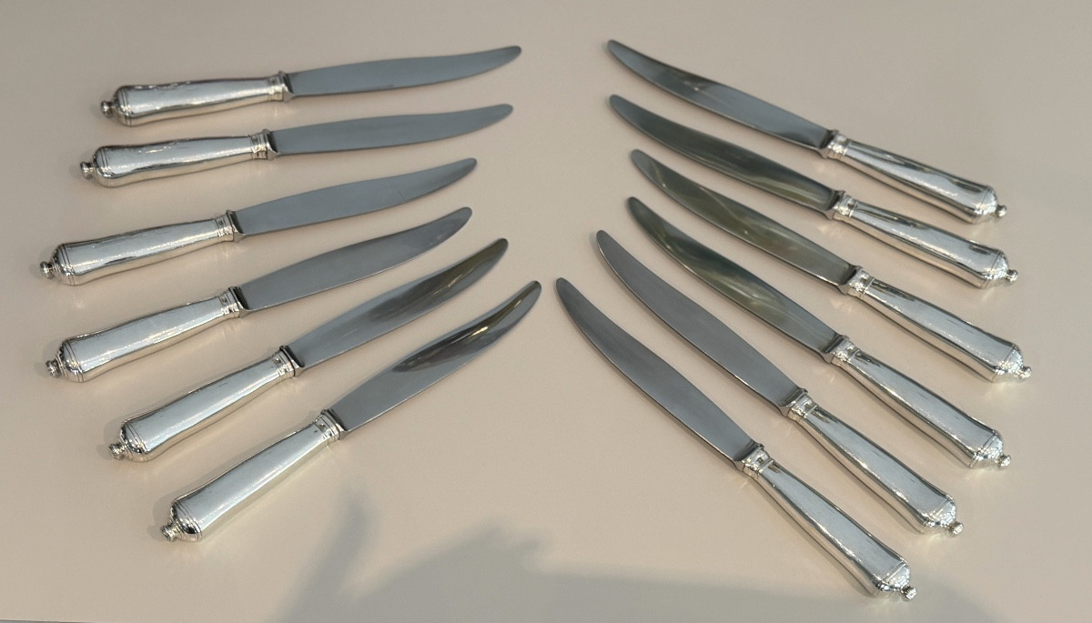Puiforcat, 12 Table Knives Model Cardinal Minerva Silver-photo-2