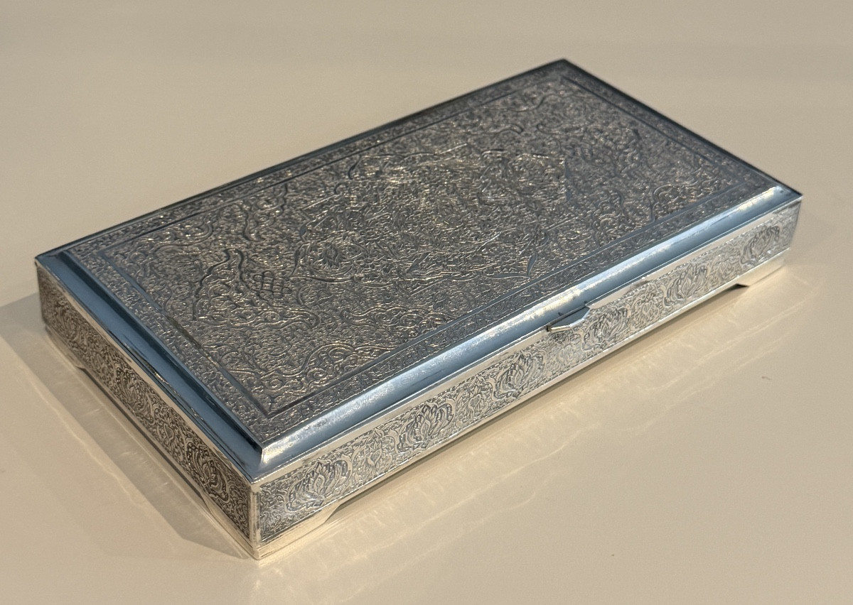 Iran,  Coffret Boîte Argent Massif Ciselé, Epoque Fin XIXème-photo-2