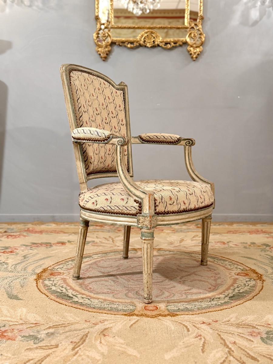 Pluvinet Philippe-joseph, Lacquered Wood Stamped Louis XVI Armchair-photo-2