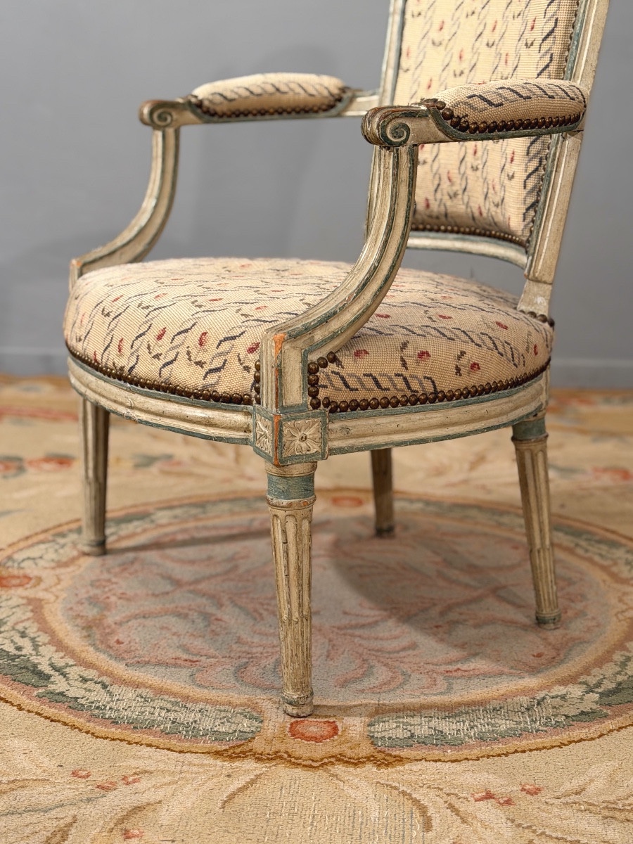 Pluvinet Philippe-joseph, Lacquered Wood Stamped Louis XVI Armchair-photo-4