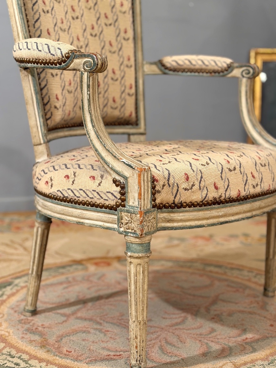 Pluvinet Philippe-joseph, Lacquered Wood Stamped Louis XVI Armchair-photo-2