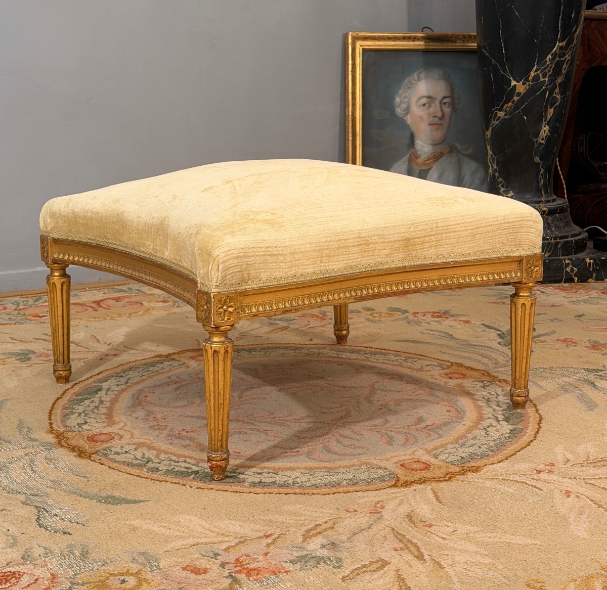 Louis XVI Style Gilded Wood Pouf Stool, Napoleon III Period