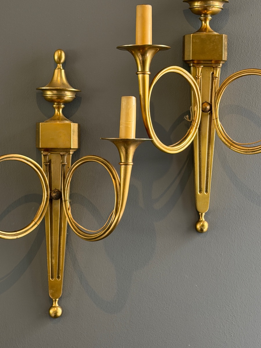Maison Charles, Suite de Quatre Appliques en Bronze Doré Estampillées, Vers 1960-photo-1