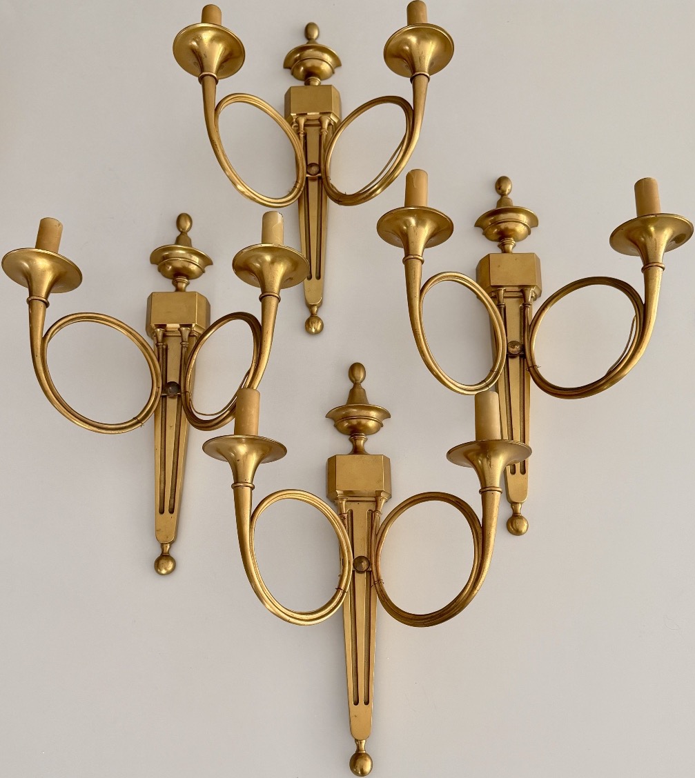 Maison Charles, Suite de Quatre Appliques en Bronze Doré Estampillées, Vers 1960-photo-5