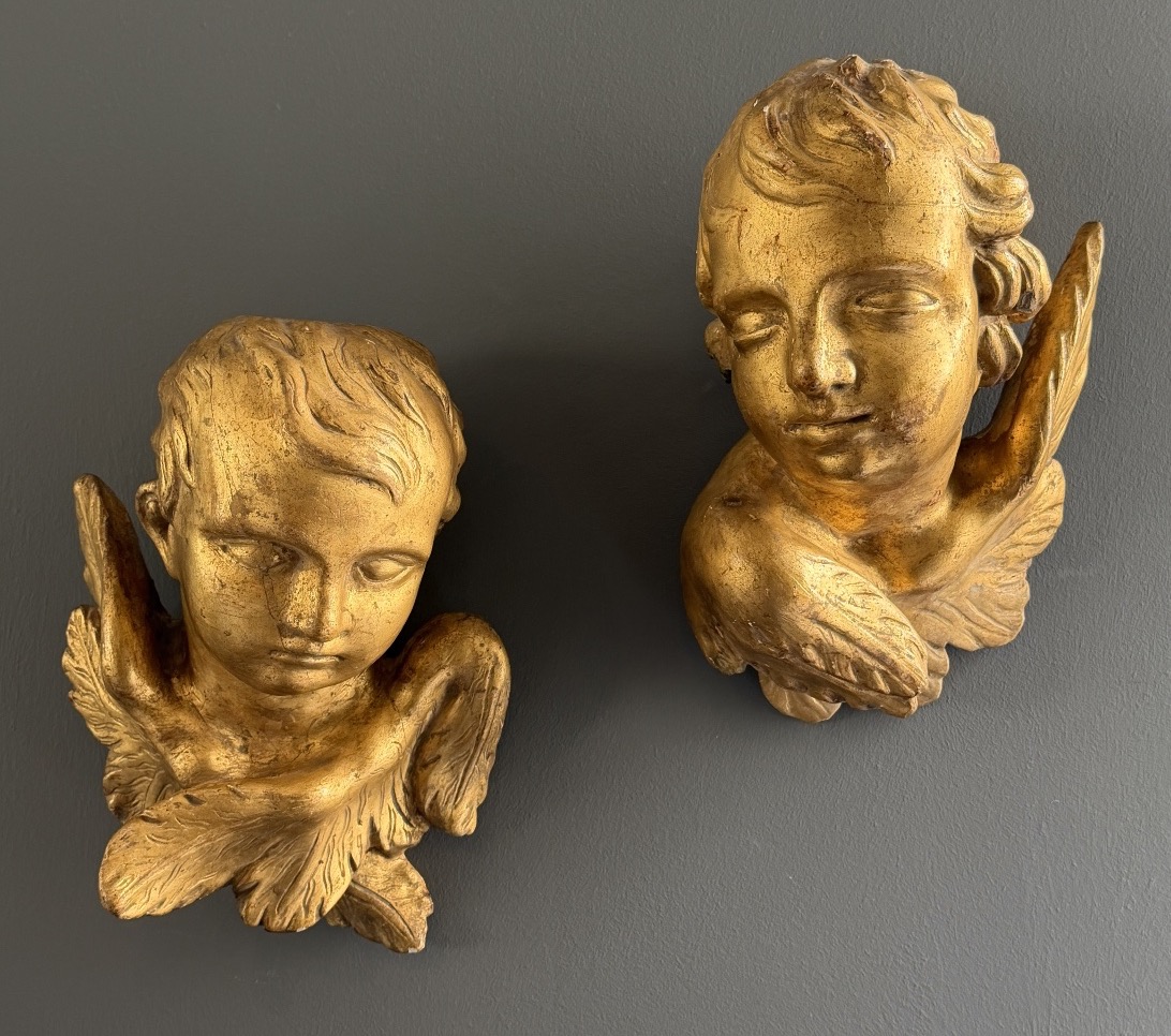 Pair Of Carved And Gilded Wood Putti, Late 18th Century-photo-3
