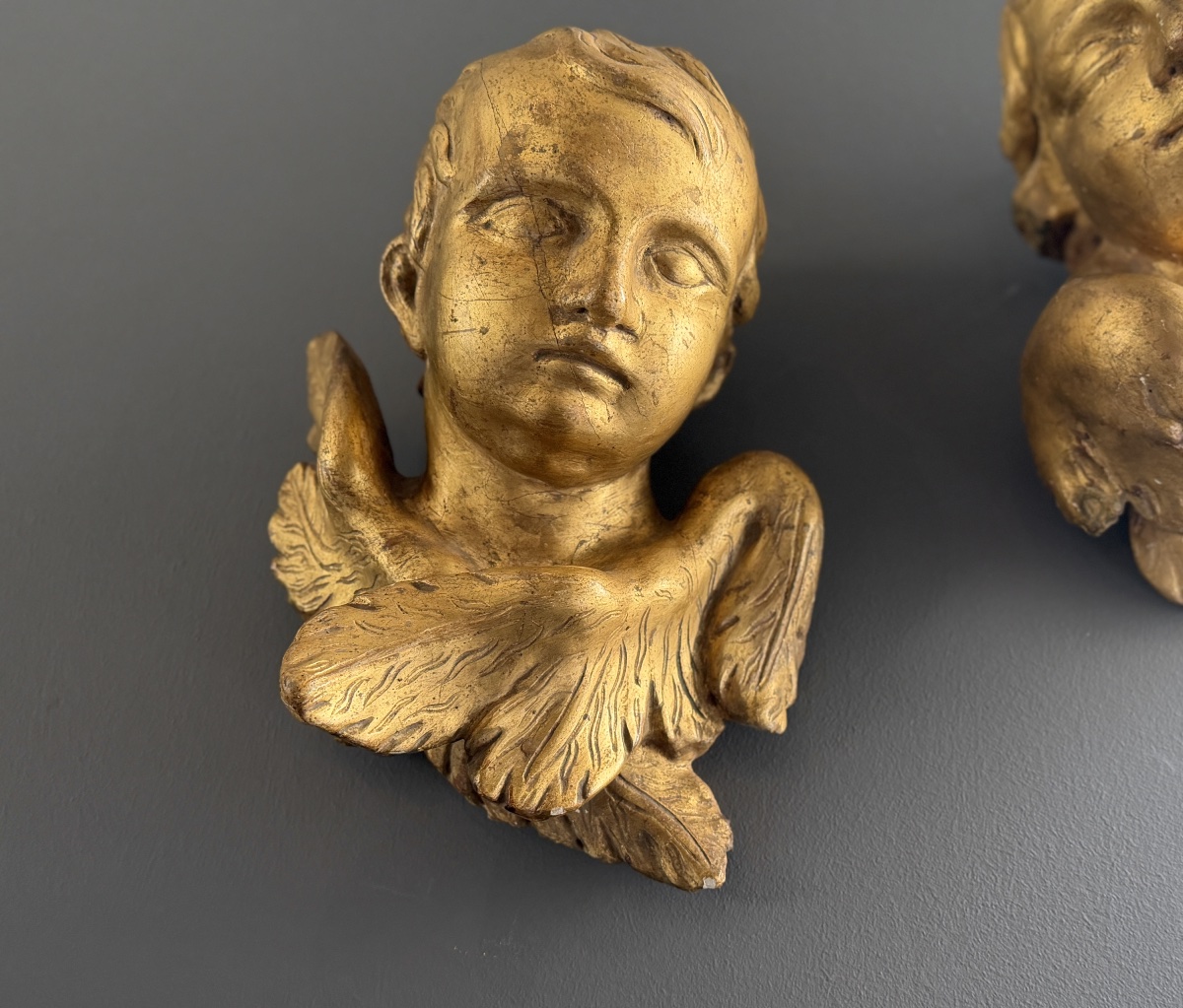 Pair Of Carved And Gilded Wood Putti, Late 18th Century-photo-2