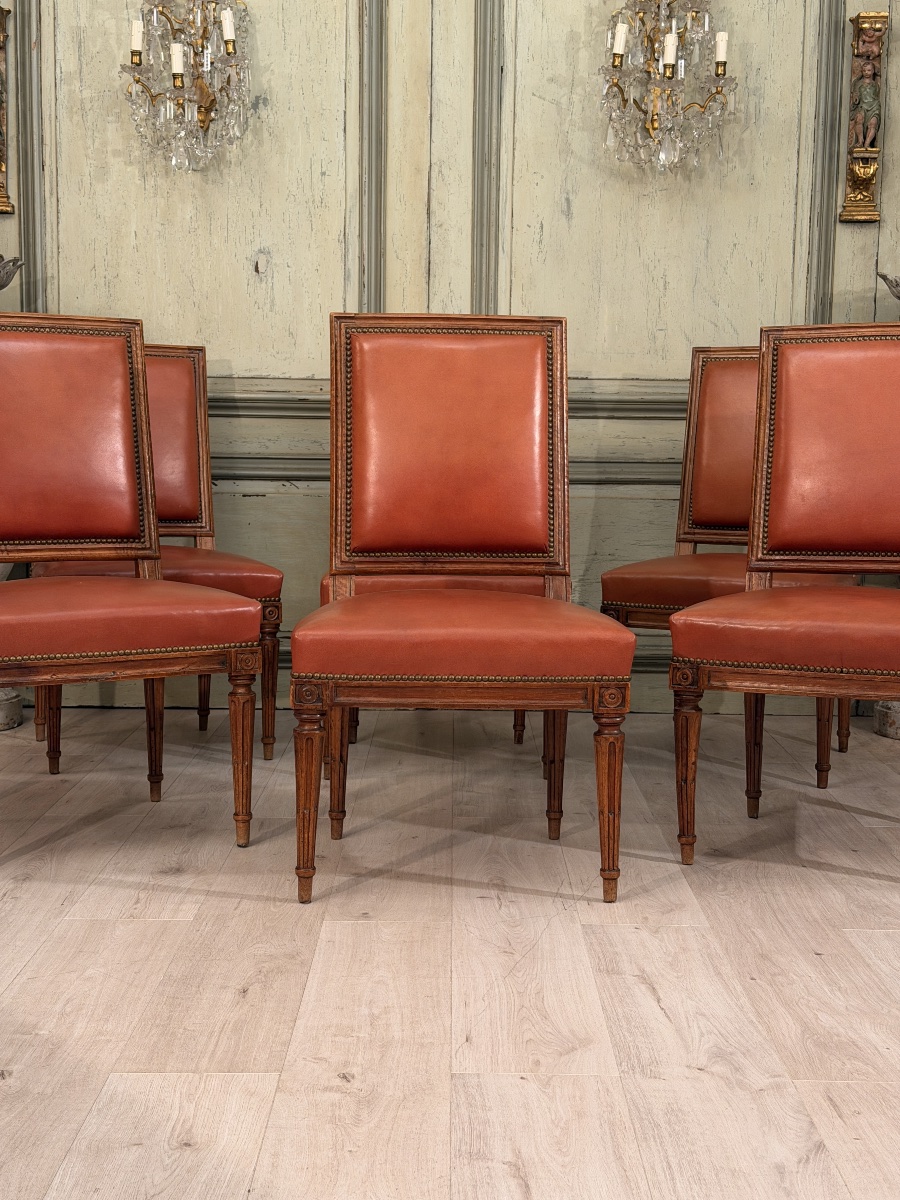 Set Of Six Louis XVI-era Walnut Chairs, Circa 1780-photo-2
