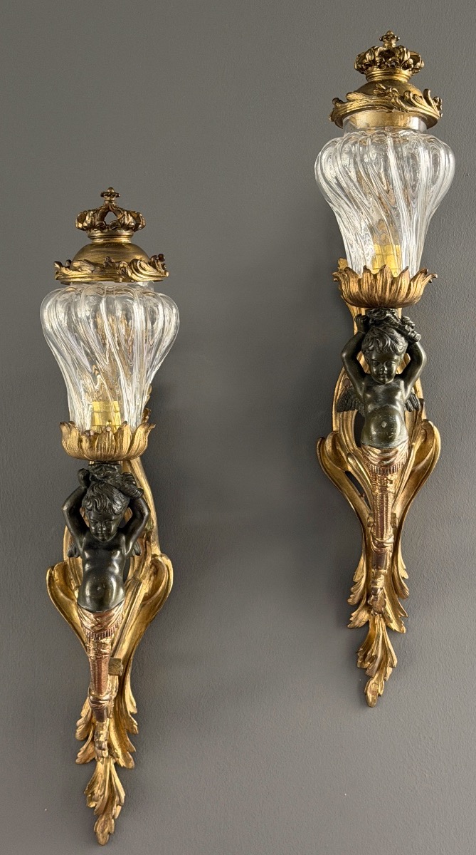 Paire d'Appliques Aux Angelots en Bronze, d'Epoque Napoléon III-photo-4