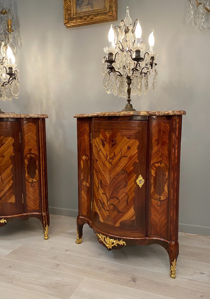 Belle Paire d'Encoignures En Marqueterie d'Epoque Louis XV De Jacques Dubois (1694-1763)-photo-2