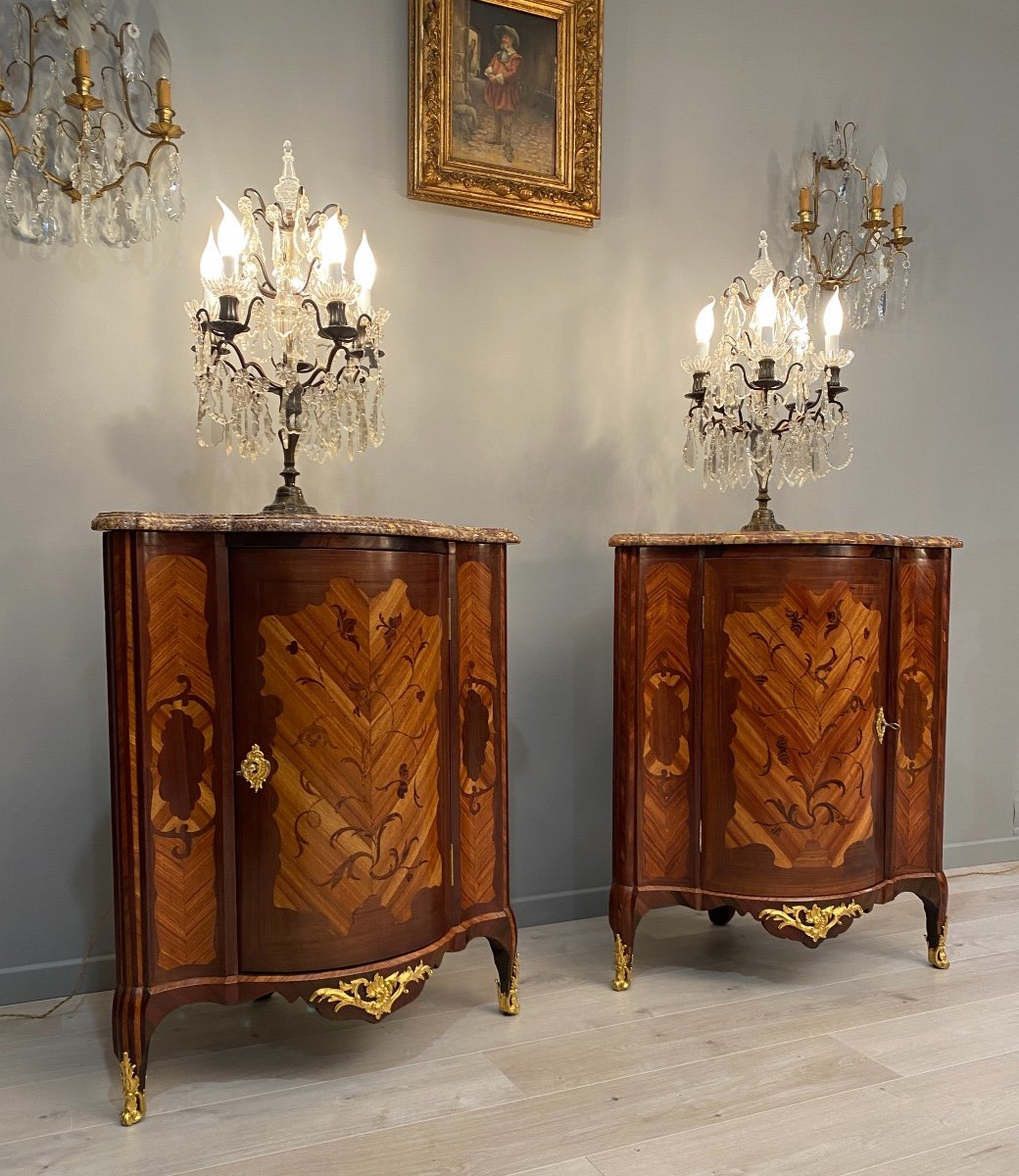 Belle Paire d'Encoignures En Marqueterie d'Epoque Louis XV De Jacques Dubois (1694-1763)-photo-5