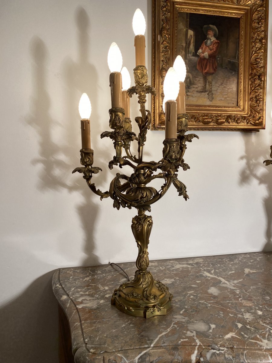 Important Pair Of Bronze Candelabra In Louis XV Style Nineteenth-photo-4