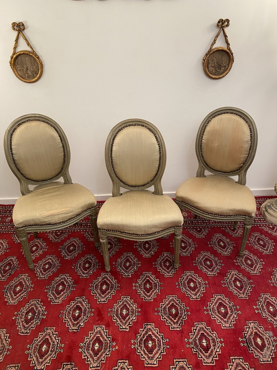 Suite Of 3 Louis XVI Lacquered Wood Medallion Chairs-photo-2