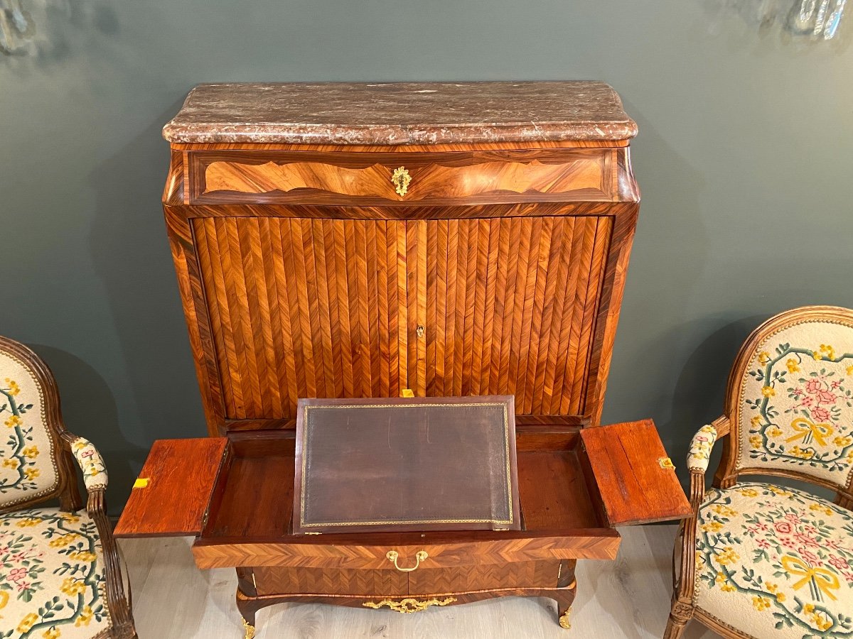 Jean-baptiste Tuart, Rare Secretary With Marquetry Curtains Louis XV Period Circa 1750-photo-3