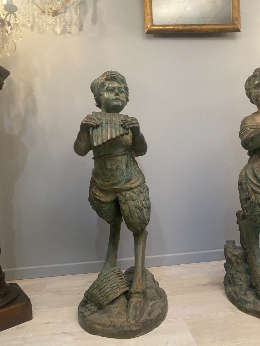 Large Pair Of Bronze Sculptures With Green Patina Satyr Period Late Nineteenth-photo-2