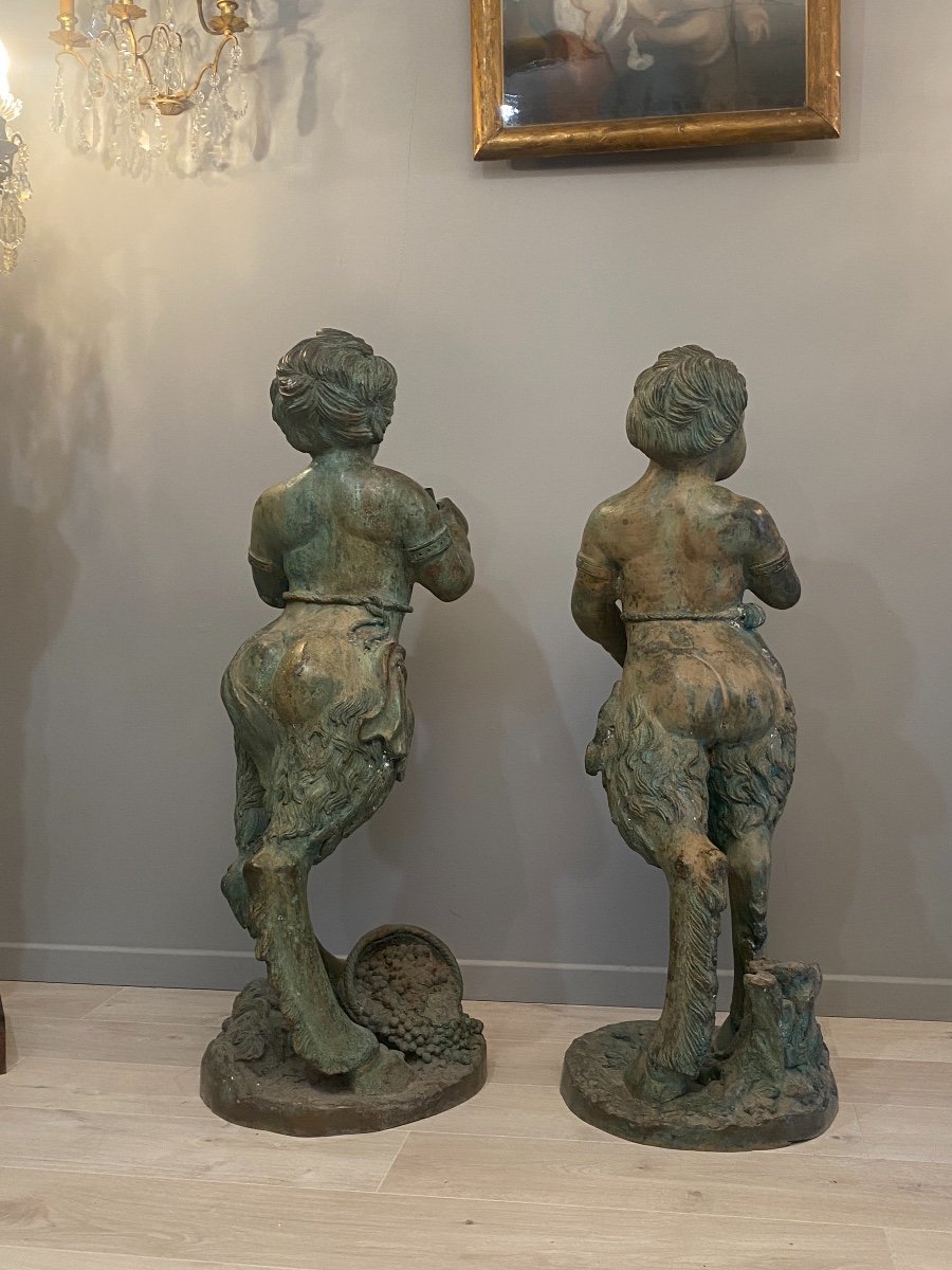 Large Pair Of Bronze Sculptures With Green Patina Satyr Period Late Nineteenth-photo-4