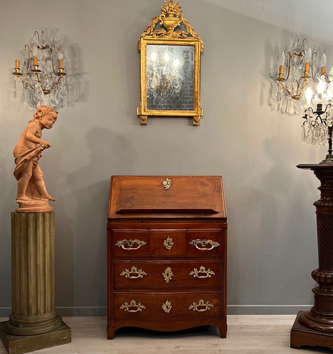 Erstet Jean-ulric, Scriban Commode Curved Front In Walnut Louis XV Period Stamped Eighteenth