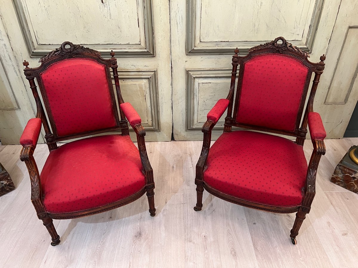 Pair Of Louis XVI Style Armchairs Molding And Carved Nineteenth Time-photo-3