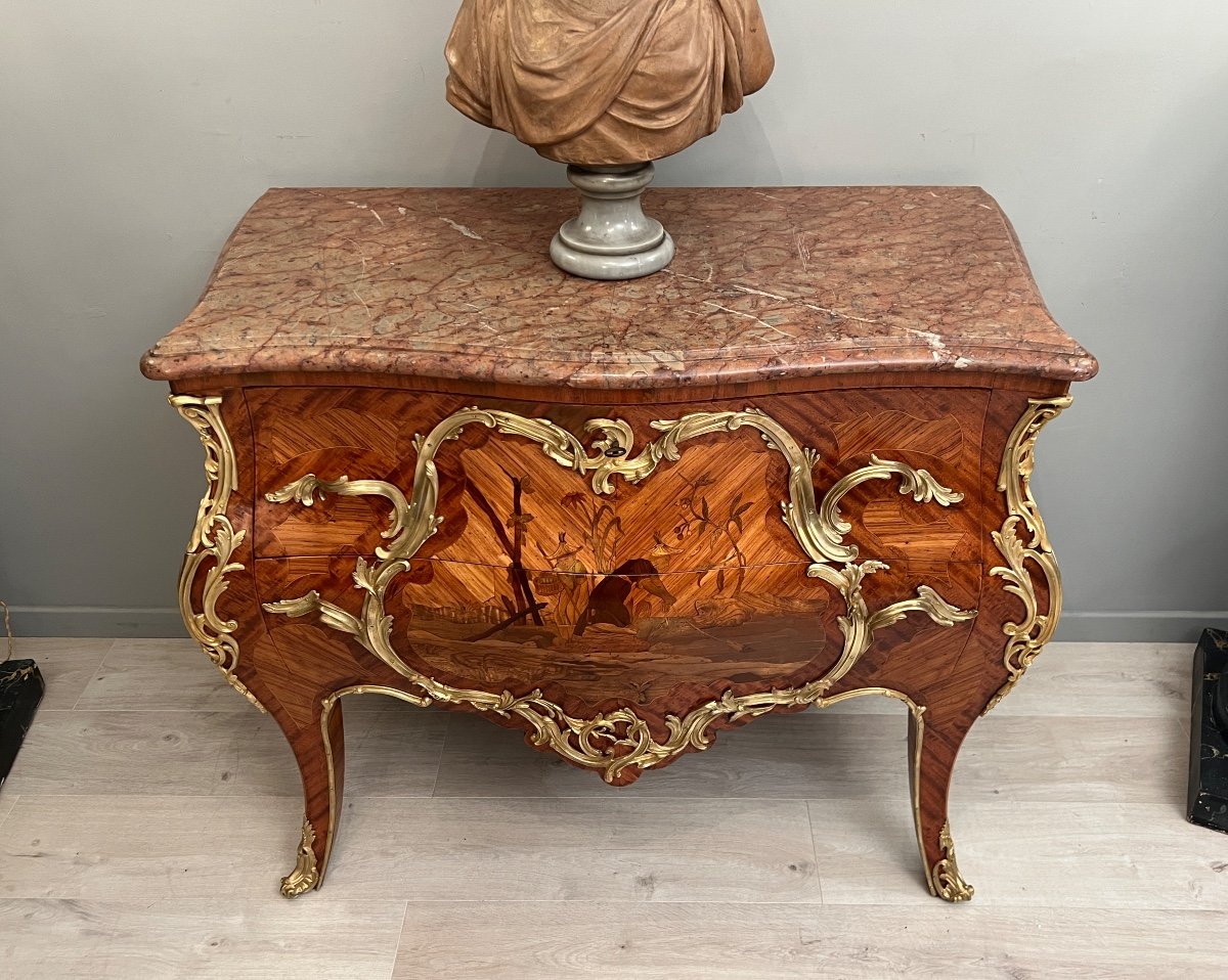 Beautiful Louis XV Commode In Marquetry Napoleon III Period Around 1870-photo-3