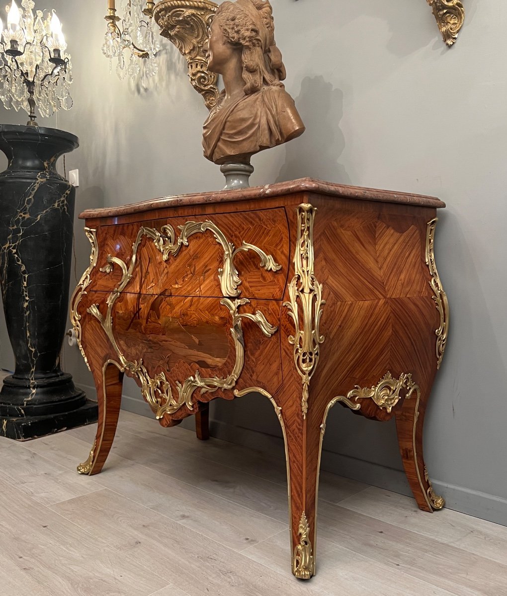Beautiful Louis XV Commode In Marquetry Napoleon III Period Around 1870-photo-1