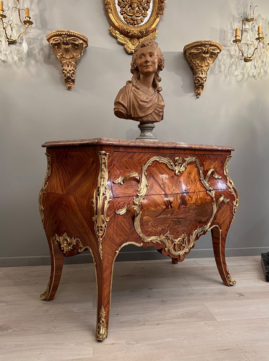 Beautiful Louis XV Commode In Marquetry Napoleon III Period Around 1870