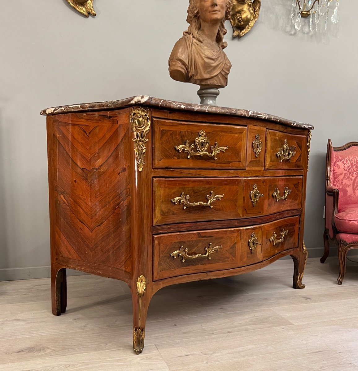 Curved Commode In Regency Period Marquetry Circa 1740-photo-2