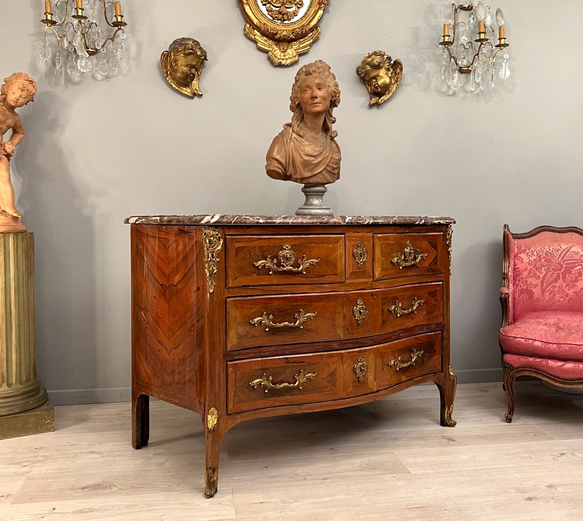 Curved Commode In Regency Period Marquetry Circa 1740