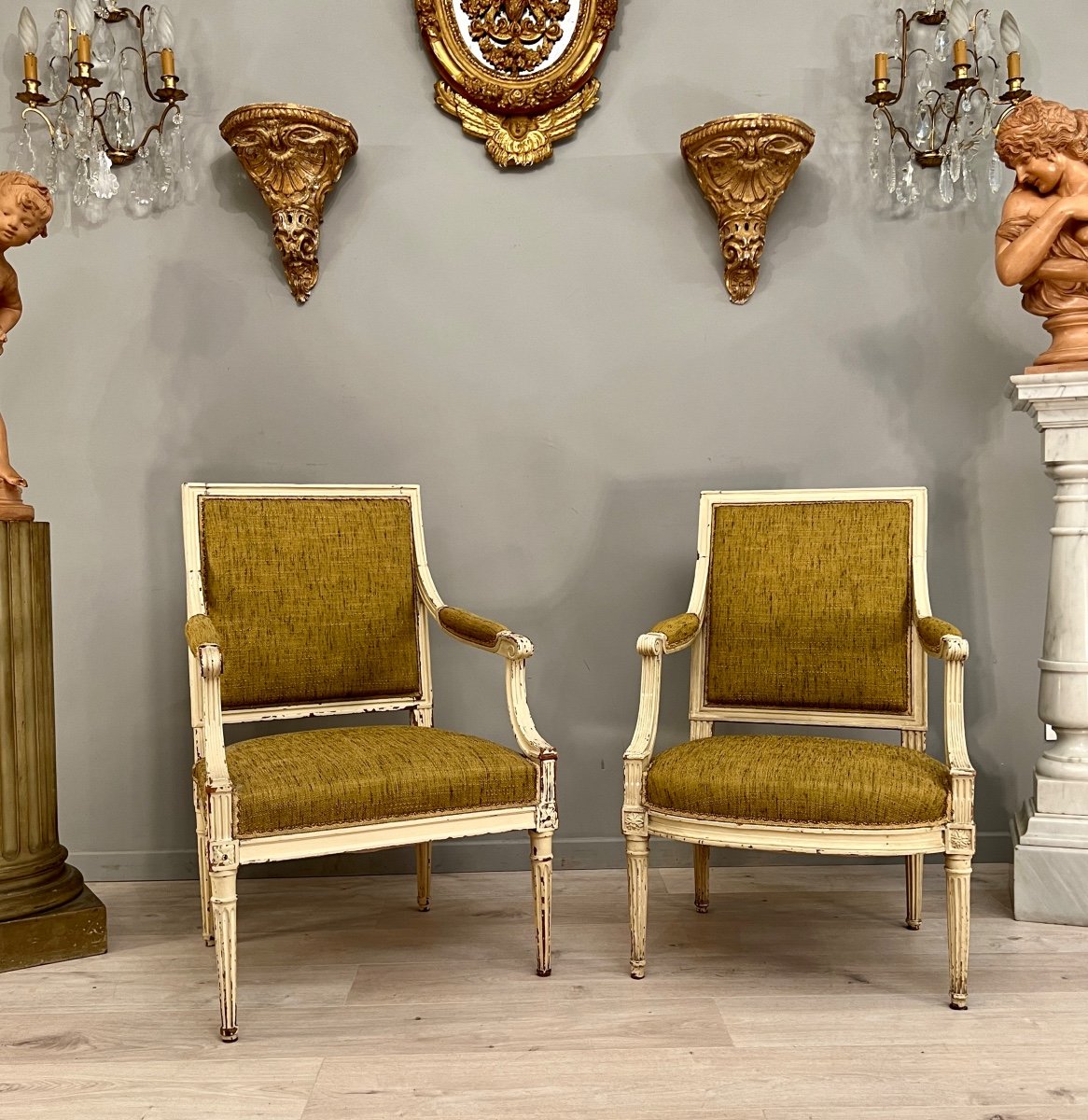 Suite De 2 Fauteuils A Dossier Plat d'Epoque Louis XVI Vers 1780-photo-2