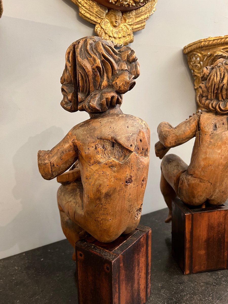 Pair Of Musician Cherubs In Carved Wood Eighteenth Time-photo-4