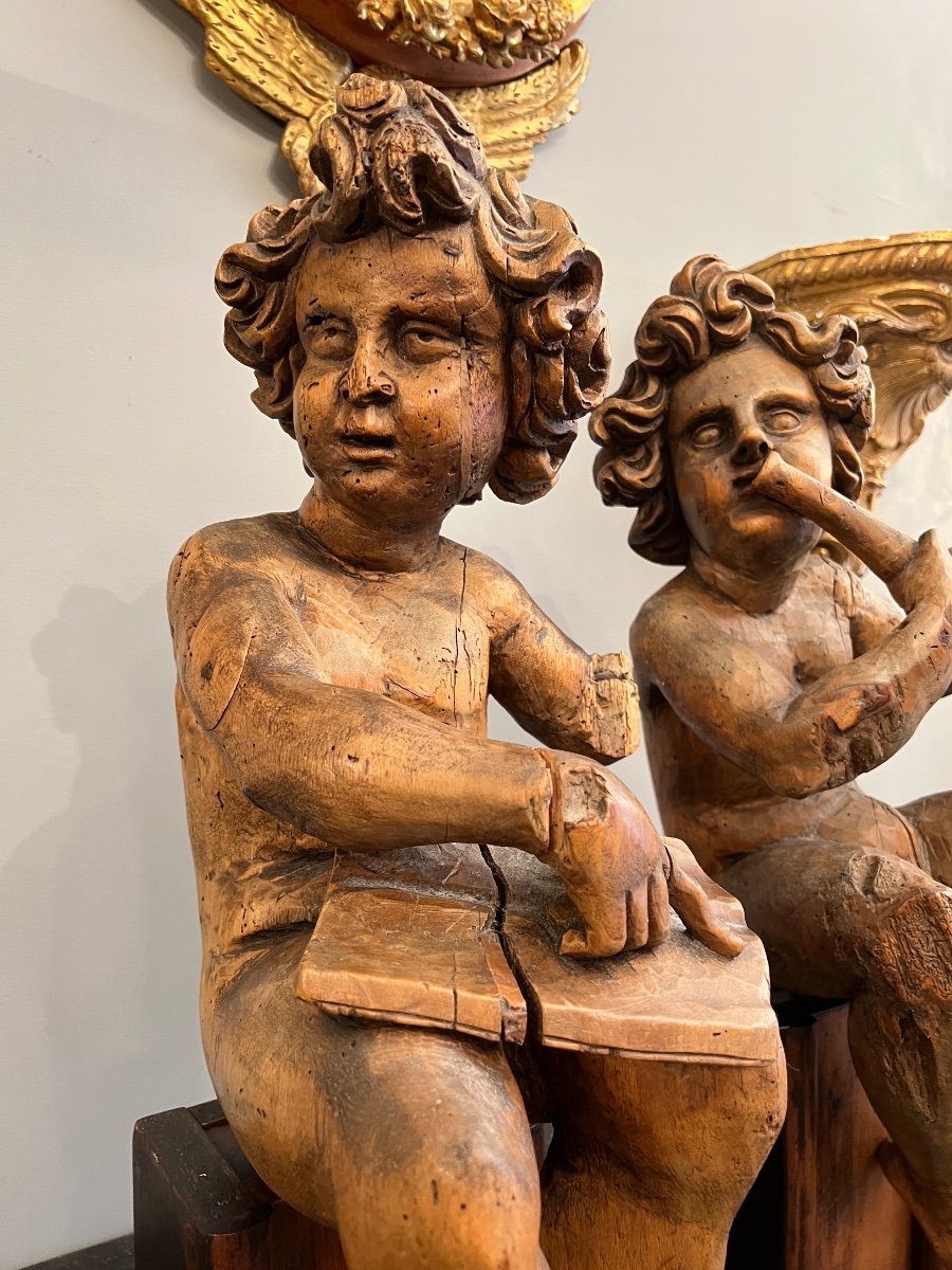 Pair Of Musician Cherubs In Carved Wood Eighteenth Time-photo-5