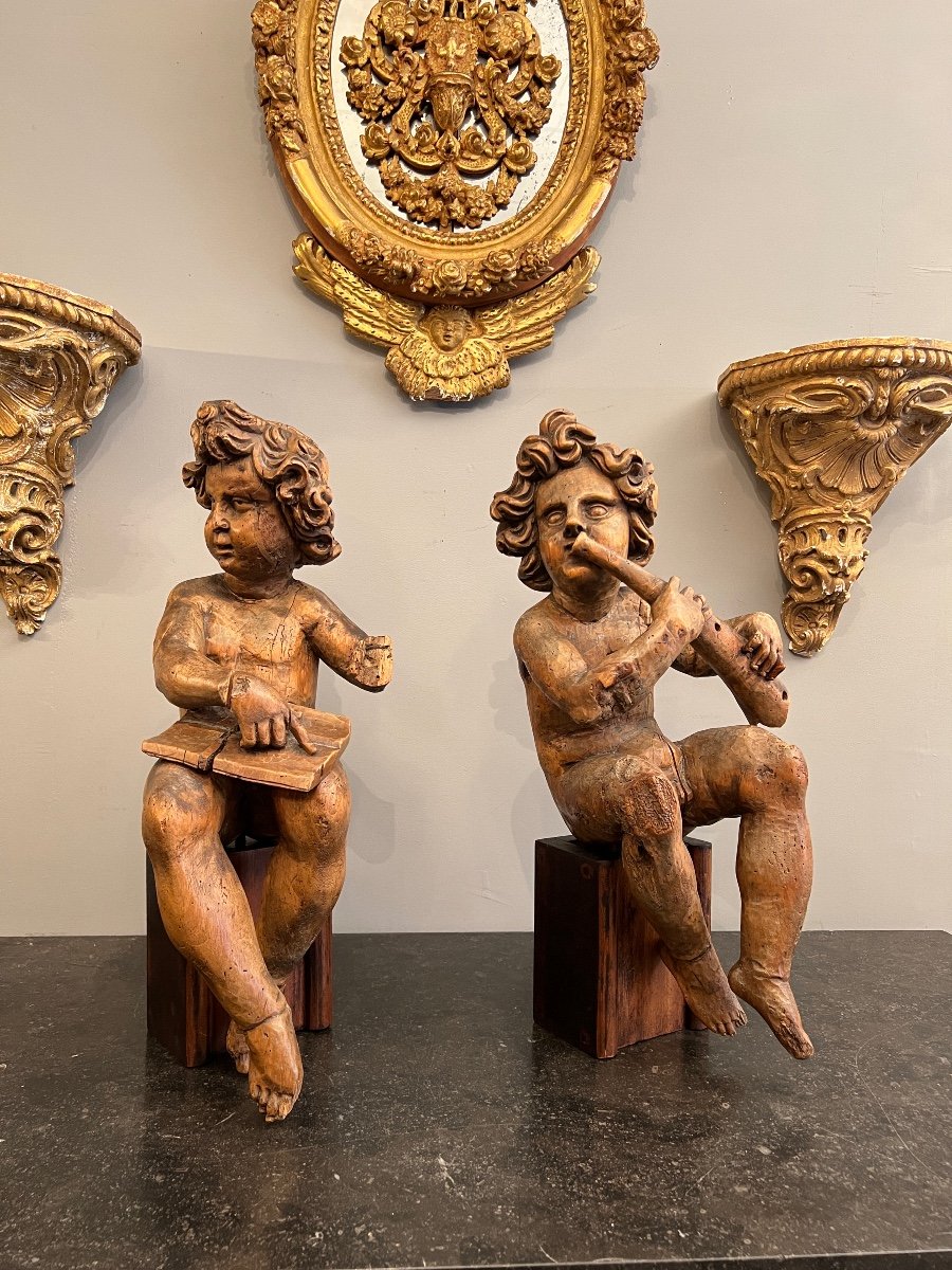 Pair Of Musician Cherubs In Carved Wood Eighteenth Time-photo-8