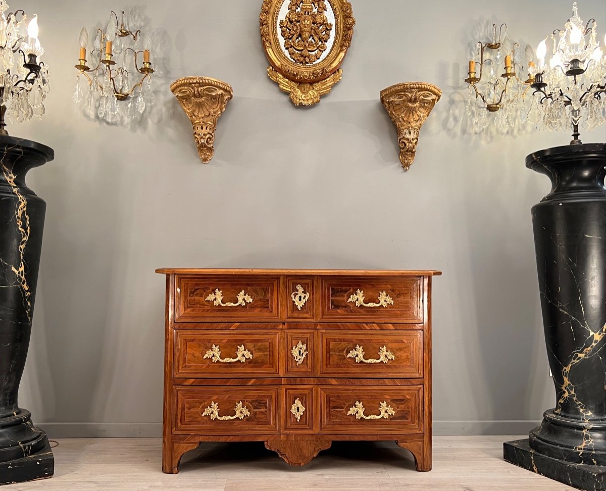 Commode In Marquetry With Curved Facade, Louis XIV Period-photo-2